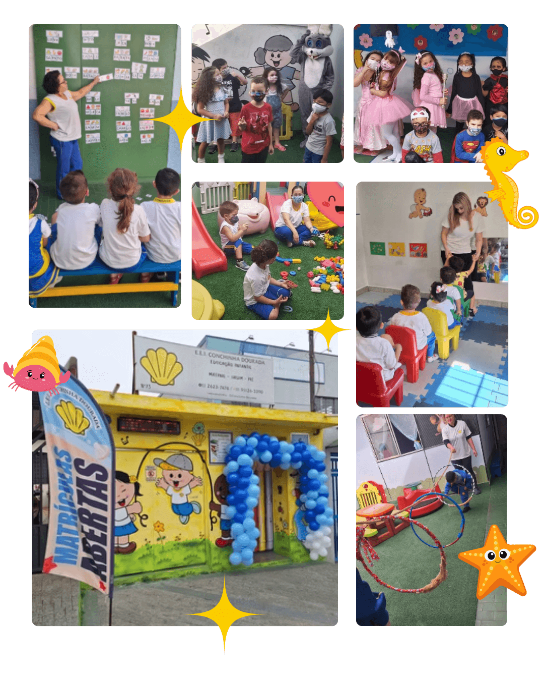 Colagem de fotos da Escola Conchinha Dourada mostrando salas de aula, atividades, crianças e a fachada da escola